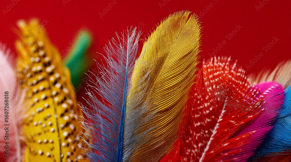 Poster a vibrant display of colorful feathers against a rich red backdrop in a close up shot view