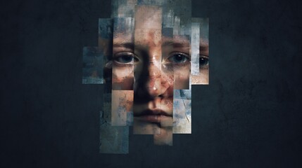 Schizophrenia concept fragmented face auditory hallucination visuals and symbolic broken perception in dark toned background