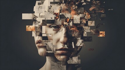 Schizophrenia concept fragmented face auditory hallucination visuals and symbolic broken perception in dark toned background