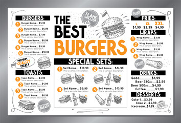 The best burgers - table menu card template - tabloid, ledger format (11 x 17 inches) - vector illustration