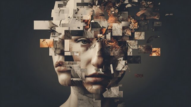 Schizophrenia concept fragmented face auditory hallucination visuals and symbolic broken perception in dark toned background