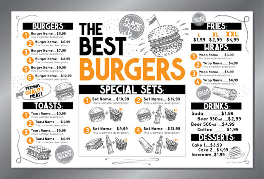 The best burgers - table menu card template - tabloid, ledger format (11 x 17 inches) - vector illustration