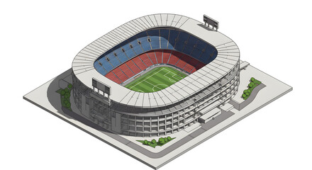 Isometric illustration of Camp Nou stadium with a football field and spectator stands.