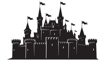 Obraz premium Silhouette illustration of a fantasy castle with towers and flags on a white background