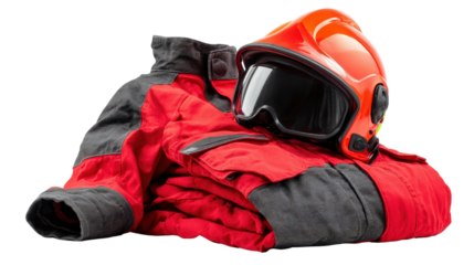 Firefighting suit folded with helmet on top background isolated on a Transparent background, PNG file.