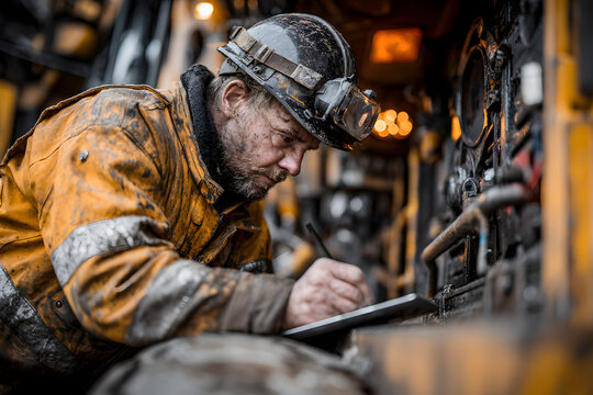 Mechanic with tablet computer control and fix problem of hydraulic hoses from industrial mining truck