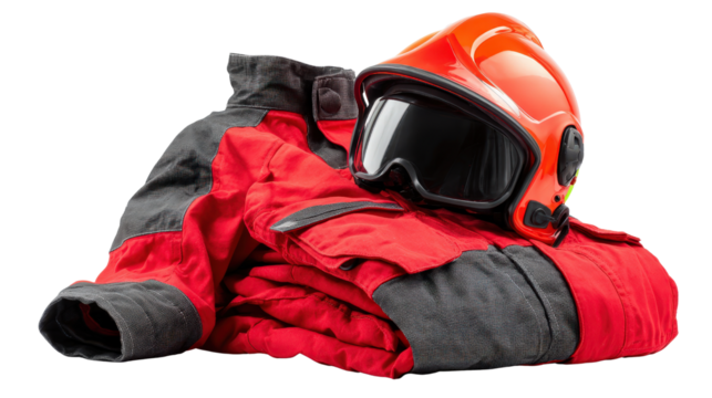 Firefighting suit folded with helmet on top background isolated on a Transparent background, PNG file.