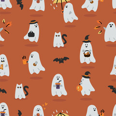 Seamless pattern with cartoon ghosts, pumpkins, bats, black cats, and autumn elements on pink background. Halloween celebration.