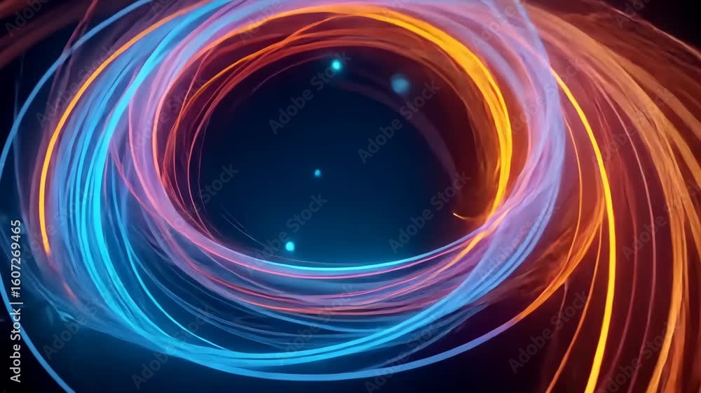 Poster dynamic neon vortex streaks flowing in swirling circular patterns with vibrant blue and orange