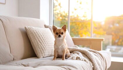 Small dog on beige couch by window