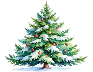 Watercolor Hand-Painted Christmas Tree with Snowy Branches and Subtle Lighting – Transparent Background