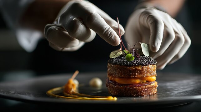 Top view of a white-gloved chef presenting a plate of highly detailed pixel food, combining old-world Vasco flavor with modern digital art techniques.  
