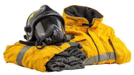 Firefighting suit folded with helmet on top background isolated on a Transparent background, PNG file.