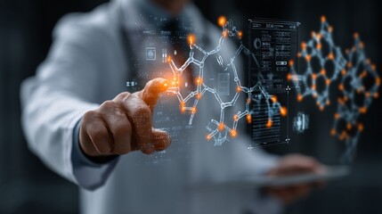 Scientist Using Digital Interface to Analyze Molecular Structure