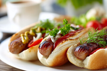 Grilled hot dogs with ketchup, mustard and herbs on plate