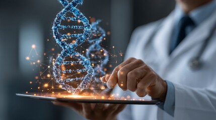Scientist Examining DNA Structure with Digital Interface Technology