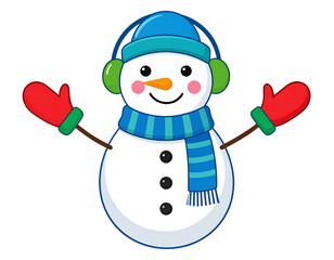 Cute Cartoon Snowman with Colorful Winter Accessories – Flat Vector Style PNG
