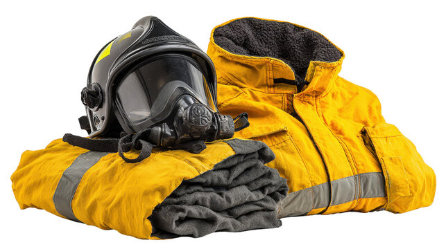 Firefighting suit folded with helmet on top background isolated on a Transparent background, PNG file.