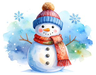 Hand-Painted Watercolor Snowman with Soft Brush Strokes and Winter Details – Transparent PNG (2)