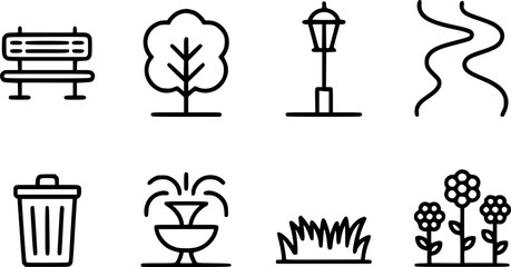Park elements bench tree lamp path trash can fountain grass flowers vector