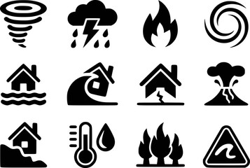 Natural disaster icons depicting weather events and geological phenomena tornado