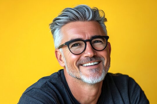 Modish men's high fade haircut - midlife white man with grey hair. Visual idea layout of style for aging men. Yellow solid background. A stylish short-haired gentleman looking poised.