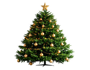 Realistic Decorated Christmas Tree with Golden Ornaments and String Lights, PNG Isolated