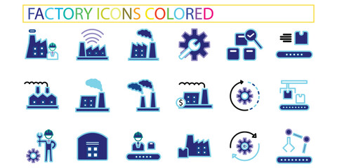 Factory colored icon set production, machine, manufacture, warehouse, fabrication and more. colored vector icons collection