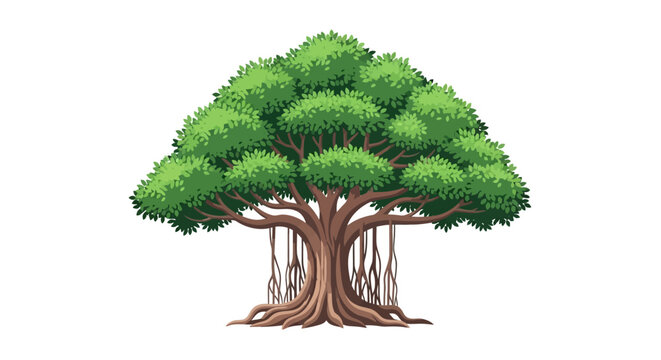 Illustration of a Banyan Tree with Lush Green Foliage and Aerial Roots Depicting Nature's Resilience and Tropical Beauty