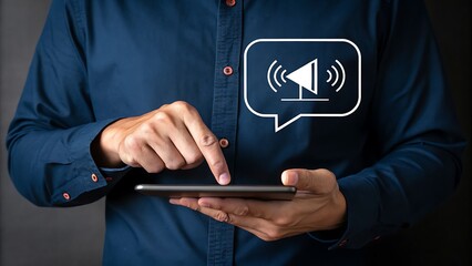 Man Using Tablet with Notification Graphic Representing Alert or Communication, Shown in Speech Bubble.