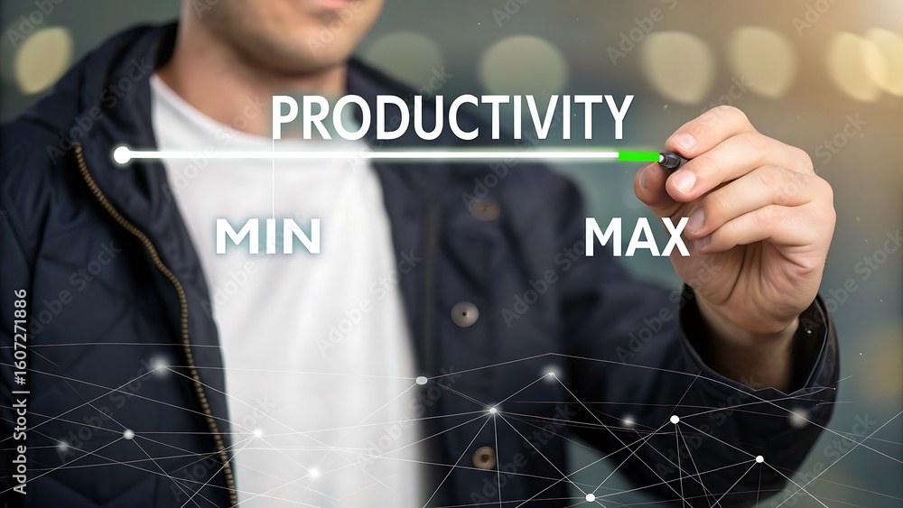 Poster maximizing productivity: person adjusting slider from minimum to maximum for optimal performance and