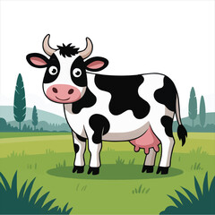 Cute Cartoon Cow in a Green Meadow