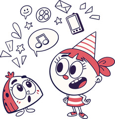 Whimsical Cartoon Celebration A Character's Delightful World with Friends and Modern Technology Elements Abound in Fun