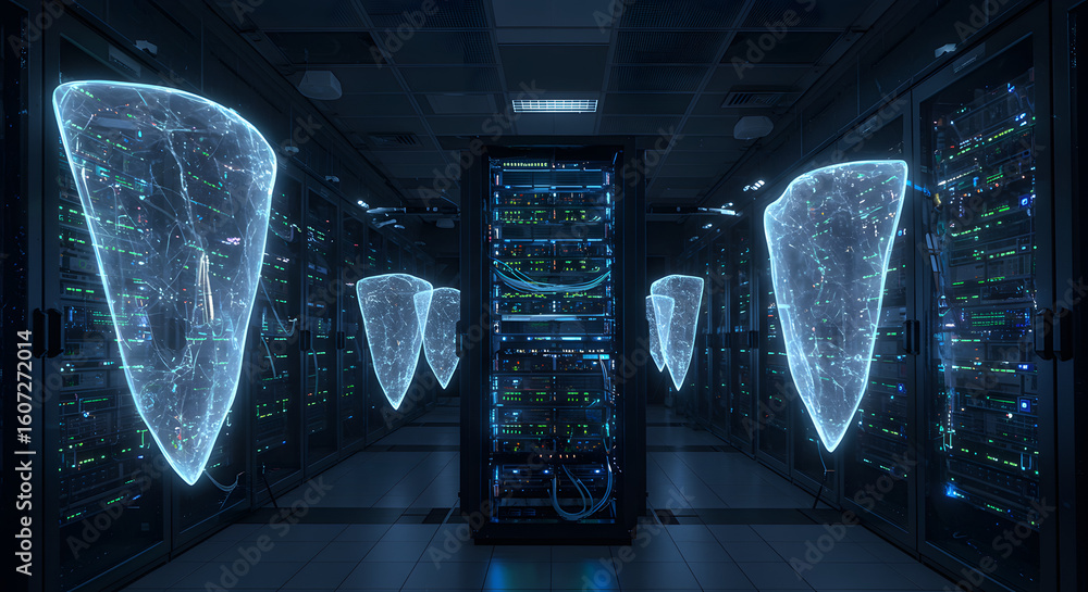 Poster futuristic data center with glowing digital shields protecting server racks