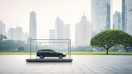 Modern Vehicle Display in Urban Landscape with Skyscrapers in Background