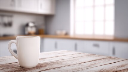 Cozy Kitchen Scene with White Coffee Mug on Wooden Table
