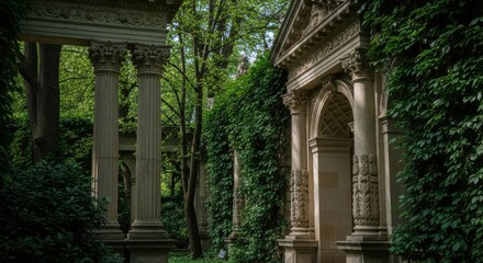 Ancient Garden Ruins and Verdant Overgrowth Under Sunlight