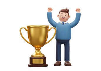 Isolated Businessman Celebrating with a Gold Trophy Cup