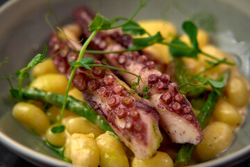 Freshly Prepared Octopus Served on a Bed of Gnocchi with Tender Asparagus and Delicate Microgreens for an Irresistible Seafood Delight