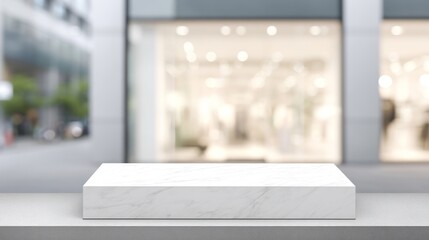 Modern Display Stand on Street With Blurred Shop Interior Background
