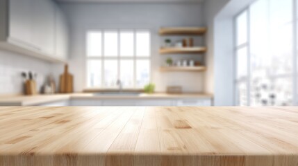 Modern Kitchen Interior with Wooden Countertop and Bright Windows