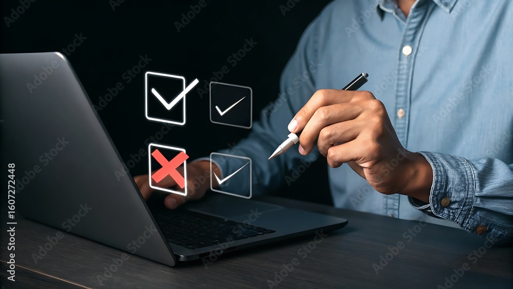 Poster online task completion: man with laptop and checkmarks, highlighting choices for digital forms and s