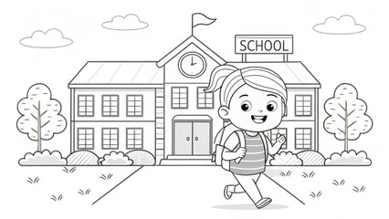 Happy girl with backpack walking towards school building