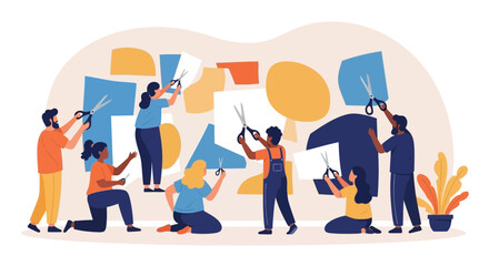 Diverse Team Cutting and Arranging Paper Shapes for Collaborative Art