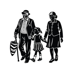 grandparents walking with granddaughter vector silhouette