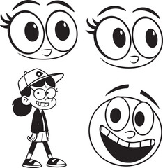 Cartoon Character Mashup Four Panels with Smiling Faces and a Full Body Image
