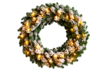 Snow-Dusted Evergreen Wreath with Tiny Warm Fairy Lights, transparent background