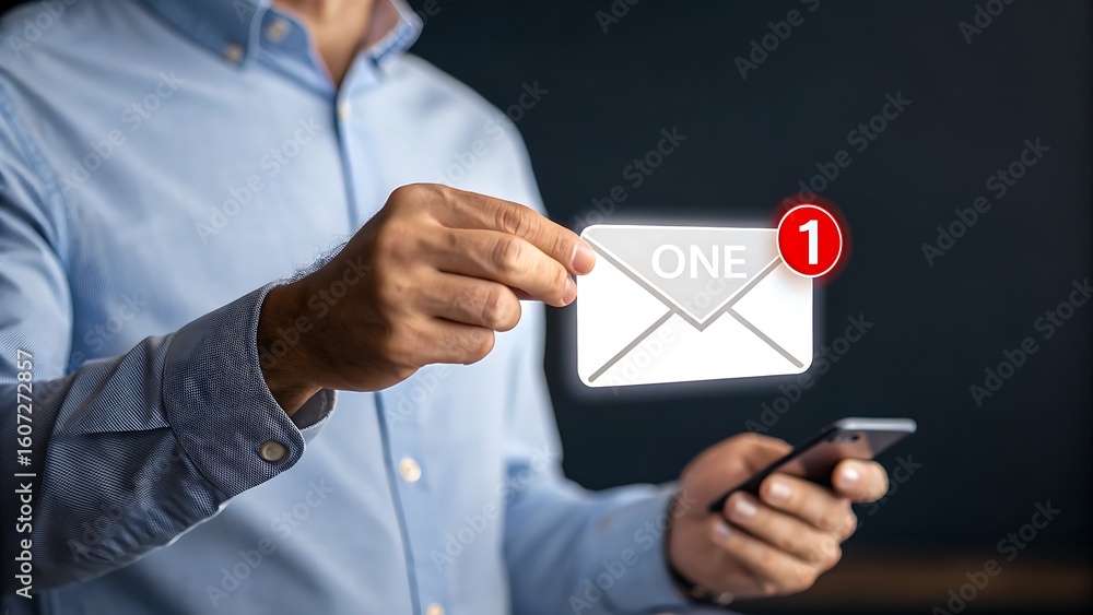 Poster person holding notification message with number one using a mobile device for communication and conn