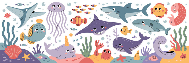 Whimsical Ocean Creatures And Underwater Scenery marine life fish