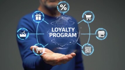 Loyalty Program Hologram Presentation Man Shows Rewards and Benefits Concept